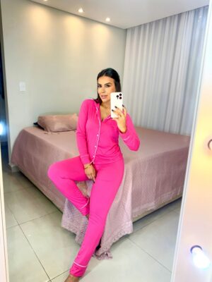 Pijama americano longo rosa chiclete