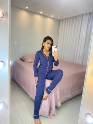 Pijama americano longo azul marinho