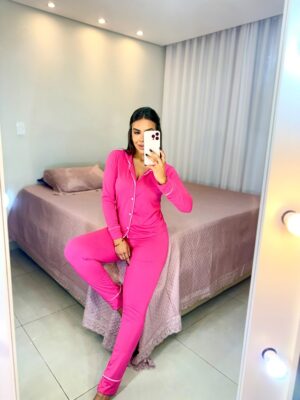 Pijama americano longo rosa chiclete