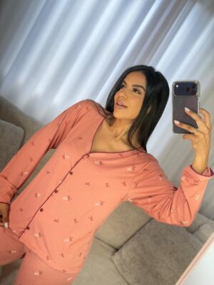 Pijama americano longo rose com laços
