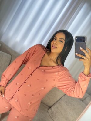 Pijama americano longo rose com laços