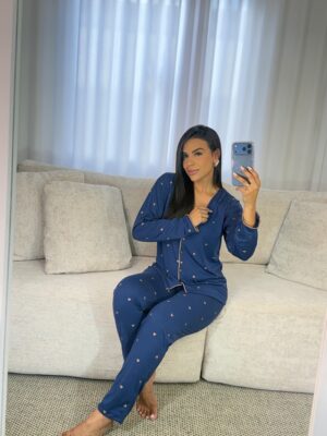 Pijama americano longo azul marinho com corações