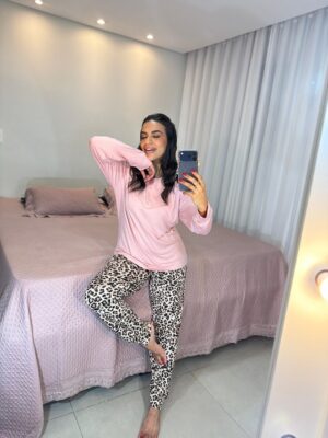 Pijama longo onça rose