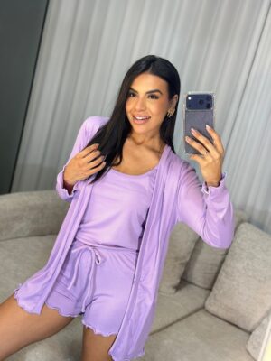 Pijama 3 peças manga longa lilás