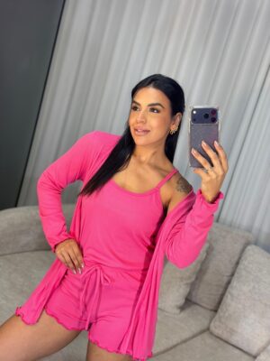 Pijama 3 peças manga longa rosa