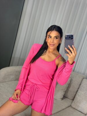 Pijama 3 peças manga longa rosa